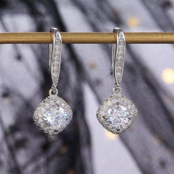 NEW 18K White Gold Cushion Diamond Halo Earrings - Picture 6 of 7